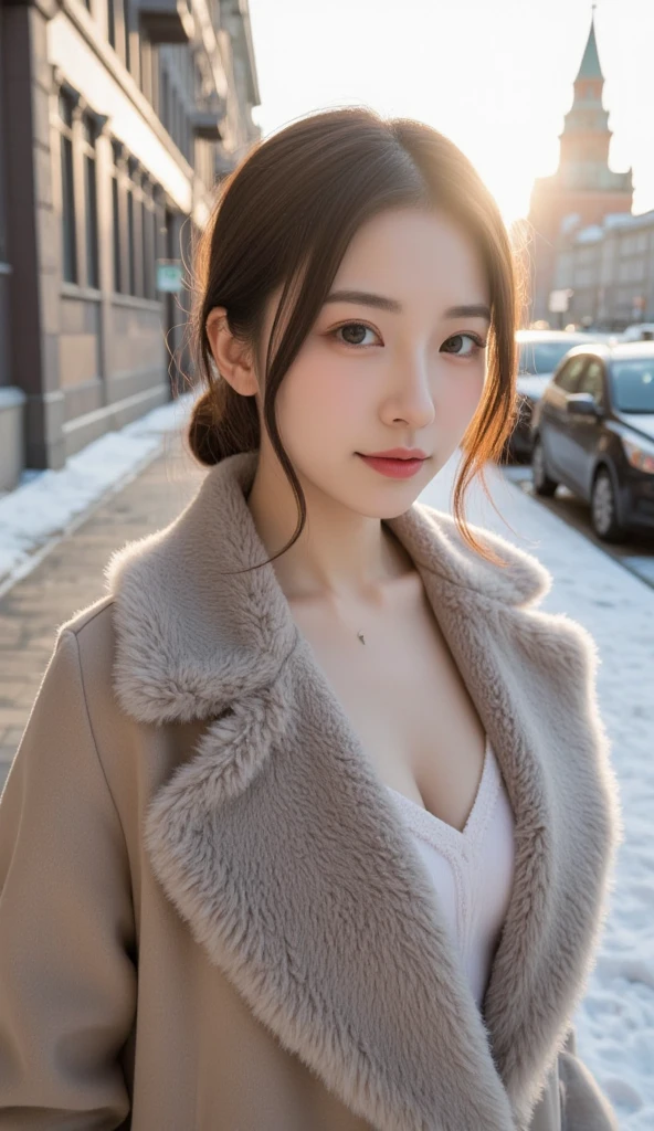 1 girl, bare_tree, brown_eyes, brown_hair, building, coat, cross_earrings, earrings, fur, fur trimmed_coat, fur_collar, fur_scarf, fur_trim, jewelry, lips, shorthair, looking_at_viewer, outdoors, snow, snow, solo, tree, upper_body, Winter, winter_clothes, detailed_eyes,Big breasts, arms close together, Chest facing camera, Big, Ears out, Golden ratio face, Golden ratio body, Best quality, Ultra high definition, Bangs