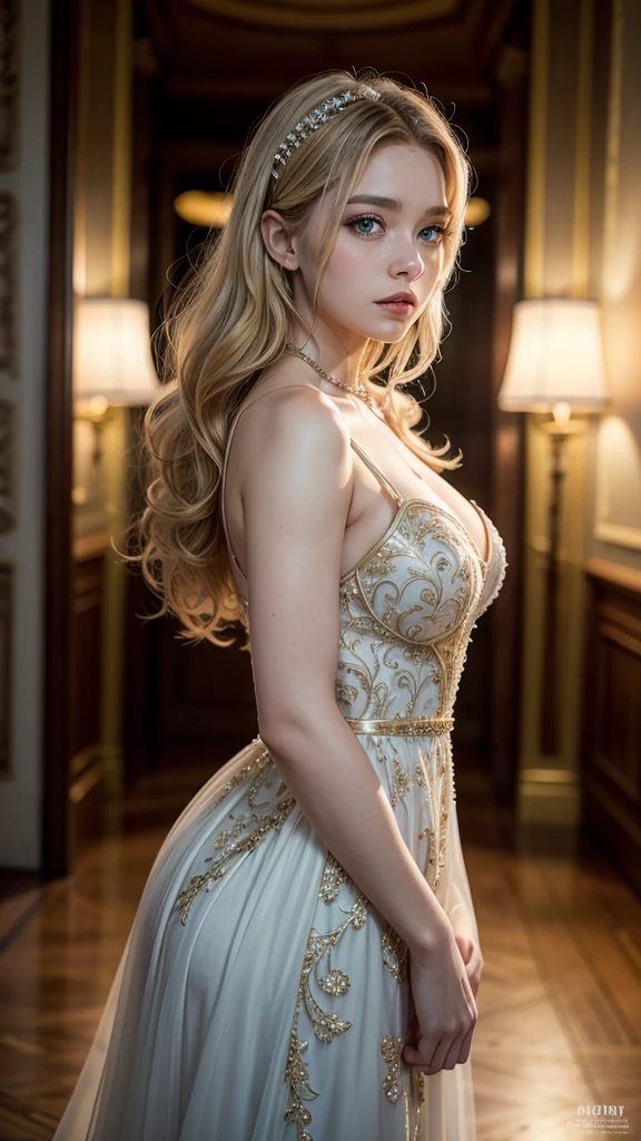 photo mid shot solo portrait of [Anne Hathaway] as [daenerys targaryen] as a real-life version of (daenerys targaryen), targaryen blonde hair, with (sexy dress), (sexy neckline), charming smile, by Hubert Robert and Alex Timmermans ultra realistic highly detailed intricate photorealistic style photography sharp focus on the eyes, cinematic lighting