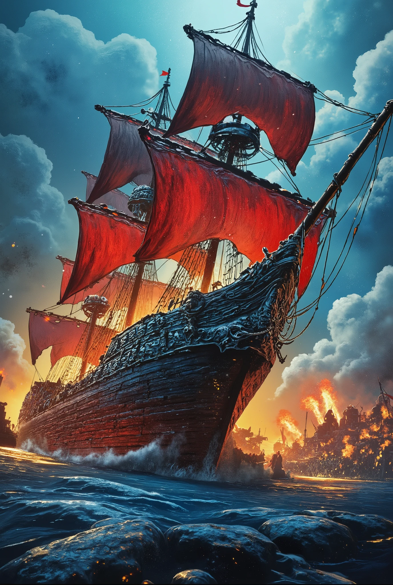 ((Create a detailed image of a large Pirate Ship with the cannons firing from the bottom , details of the pirate ship frosted on the bottom and matte red of half of the structure , sails all moving due to the strong pirate wind on board a lot of movement details of the ships ropes attached to the ship's rods , braided ropes all very detailed , explosion of cannons firing at an English port,( Description of the war scenario the pirate ship shoots out of a fog in the port) (Port being destroyed fire ships being sunk city in flames movement of British soldiers in the port in an attempt to contain the attack horizontal position of the port in relation to the pirate ship) , I want the detailed information written above AI, keep all information without modifying anything that was detailed above, so all information is unchanged))