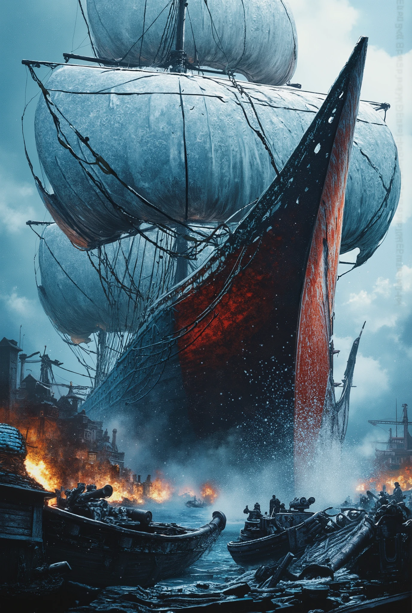 ((Create a detailed image of a large Pirate Ship with the cannons firing from the bottom , details of the pirate ship frosted on the bottom and matte red of half of the structure , sails all moving due to the strong pirate wind on board a lot of movement details of the ships ropes attached to the ship's rods , braided ropes all very detailed , explosion of cannons firing at an English port,( Description of the war scenario the pirate ship shoots out of a fog in the port) (Port being destroyed fire ships being sunk city in flames movement of British soldiers in the port in an attempt to contain the attack horizontal position of the port in relation to the pirate ship) , I want the detailed information written above AI, keep all information without modifying anything that was detailed above, so all information is unchanged))