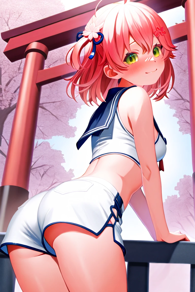 absurdres, highres,
BREAK
looking at viewer, cowboy shot, (from below:1.5)
BREAK
(vivid-color:1.3)
BREAK
(one girl :1.3), (li:1.2),red hair, blue eyes, tennis uniform, hairclip, earrings, jewelry, nm1, headphones around neck, tennis cosplay, (dark pleated super short skirt:1.4), (thighs:1.3), (Very pretty panties:1.2), back facing, skirt lift, show off panties, lifted by self,(large ass), (ass view:1.6),large breasts, (smile face:1.3), open mouth, (breast:1.3), ass, round eyes, (blowing in the wind:0.5), sweat around girl, dripping sweat, squall (wind:1.2), sense of speed, refreshing breeze, motion blur effect, wind, (no pants visible:1.4)
BREAK
background is (tennis court:1.3), (10,000 people spectators,:1.3), multiple people behind you, blue sky with clouds, outdoors, (magnificent panorama view:1.2), wind
BREAK
sunlight, magnificent view, rainbow in the sky, light particles, dynamic angle, dutch angle, perspective
BREAK
(daytime, sunbeam:1.2), depth of field, bokeh, light leaks, (chromatic aberration:1.2), noon
BREAK