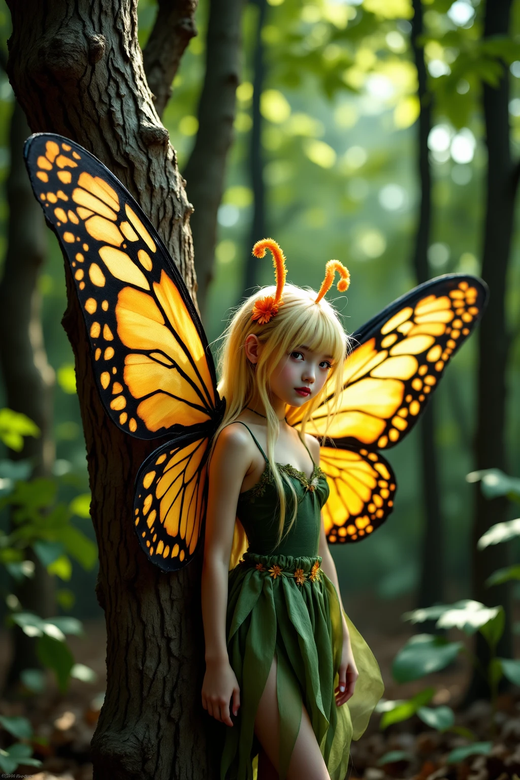 (lineart:1.1), (soft shading:1.3), pastel colors, limited-palette (predominantly orenge:2.0), (female:1.0), adult (fairy:1.2), solo, (full body:0.6), detailed background, detailed face, (butterfly wings:2.0), (fantasy theme:1.1), (mouth closed:0.7), serene expression, adorned in flowers, petal details, (butterfly landing:0.8), (floating butterflies:1.7), rose quartz gemstone, (tree with blooming orange flowers:1.8), (sparkling magic:0.9), whimsical aura, (fairy forest in background:1.3), (style-pastelgoth:0.7), dreamy atmosphere.
