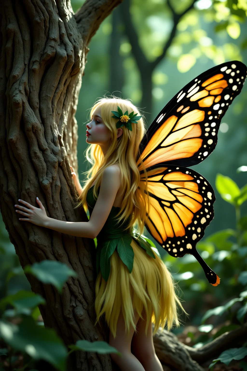 An amazing cinematic photograph of a stunning charming woman with large graceful butterfly wings behind her back (kneeling) with extra-long wavy white hair descending from front and back along her body, decorated with a variety of motifs, symbols and elements related to fauna. Her body is covered with a mesmerizing patchwork of bright colors and intricate patterns, textual motifs. The harmonious combination of these elements creates a sense of depth and complexity. The huge, detailed and exquisite butterfly wings add charm to this mystical portrait, creating the illusion of depth and three-dimensionality. Stirling House style, the overall atmosphere here is mysterious, with a sense of otherworldly power. complex details
