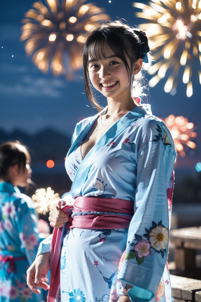 立っている、(8K、RAW Photosgraphy、Highest quality、masterpiece:1.2)、(Realistic、Realistic:1.37)、Ultra-high resolution、One Girl、cute、alone、date、(Nose redness)、(Laughter:1.1)、(Closed)、Huge 、Beautiful Eyes、(short hair:1.2)、(((Fireworks bursting into the sky、night)))、(((kimono、yukata)))、Cleavage、Perfect body、Perfect Fingers、Professional Lighting、Japanese Goddess、gravure、Detailed face and skin texture、fine grain、RAW Photos