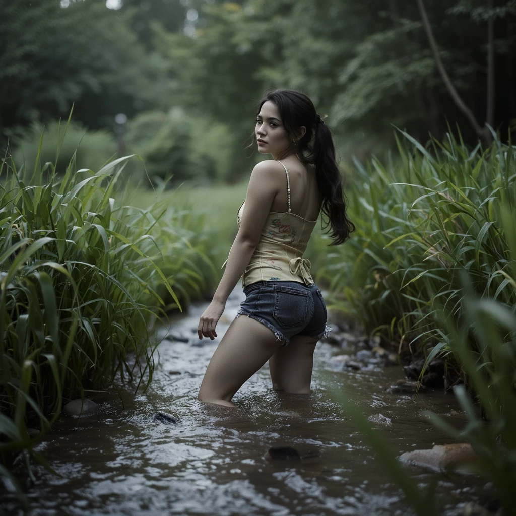 (Best Quality,hight resolution:1.2),Mature Terrorized Woman,,wrinkles,Bob haircut,(jeans skirt:1.05),lace blouse,(lace stockings with garters), standingn, ( drowning in a swamp:1.2),expression of despair,Dark and moody lighting, terror. The pose expresses a somber ecstasy,