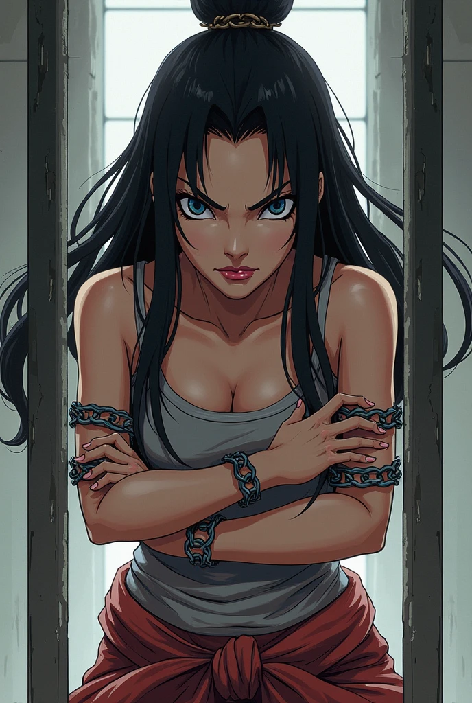 high quality, high resolution, extreme detail, masterpiece, tifa Lockhart, tied up by chain,arms up, in the basement,,bondage, (restrained), angry, from above