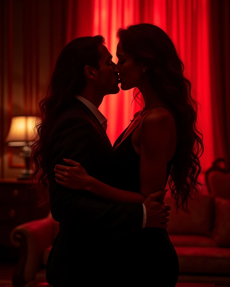 Close-up of the black lace lingerie, and the man caressing her body,
with looks of desire, soft red lighting.