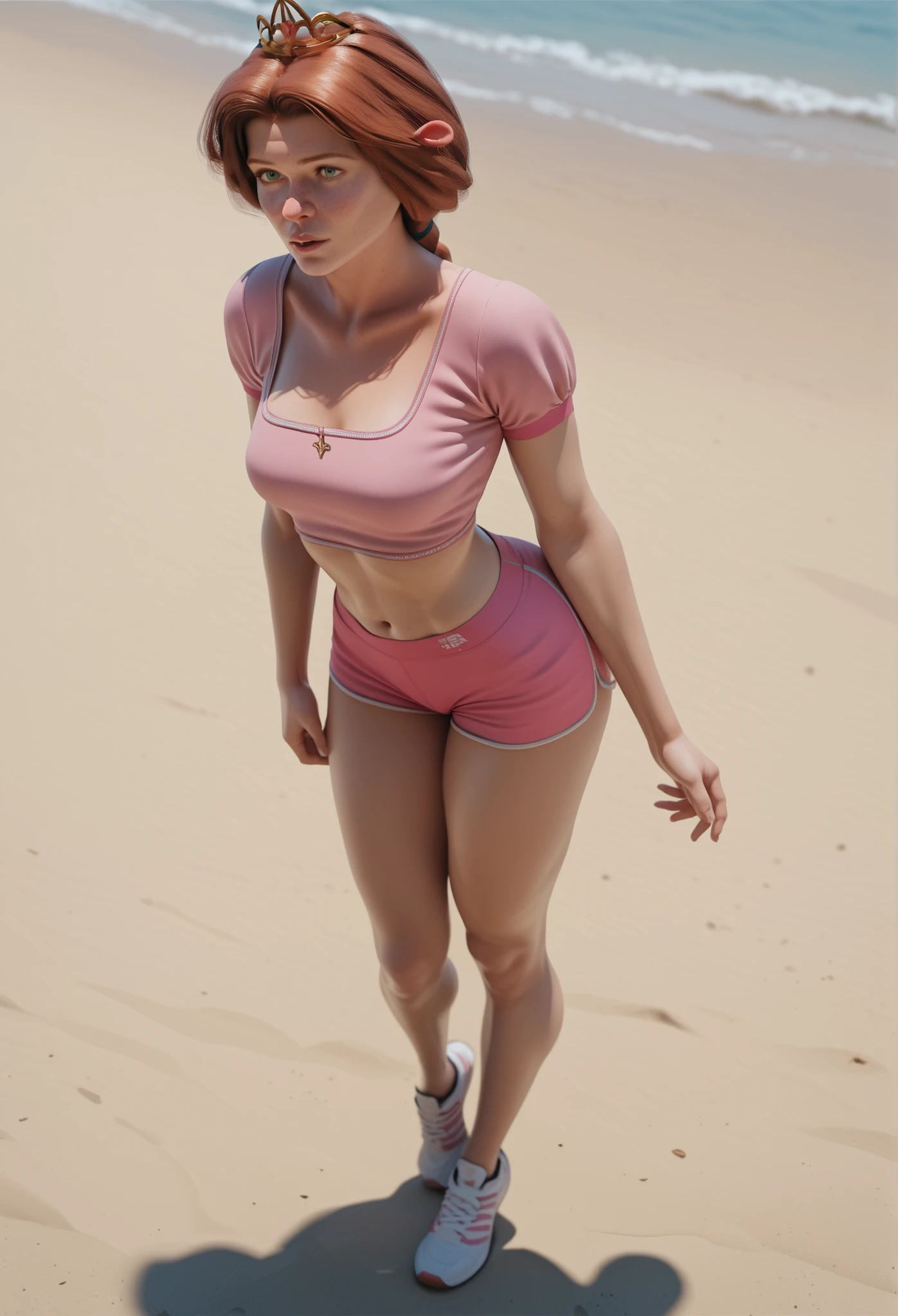 ((((photorealistic))))a beautiful and sexy brazilian brunette woman posing, 18 years old, dark green eyes, hair with pigtails, very tanned, a white small crop top in combed cotton knit, a small pink shorts, very realistic skin texture, a bar in background, full body --auto --s2