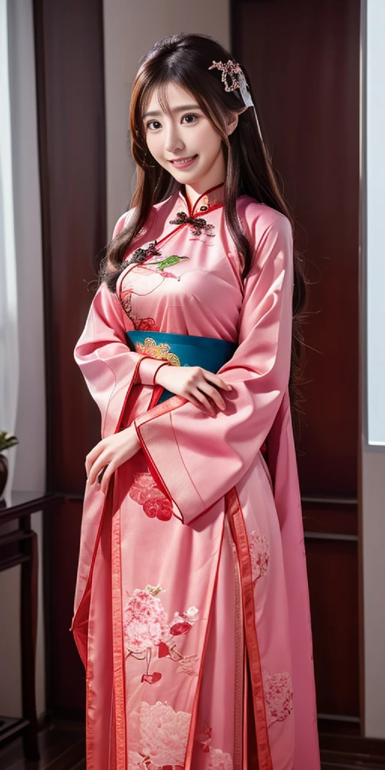 a woman, pink cheongsam,birds,Beautiful woman, long hair,smile,8k, Delicate Skin Texture, fine fabric texture, beautiful and detailed face,Full body photo