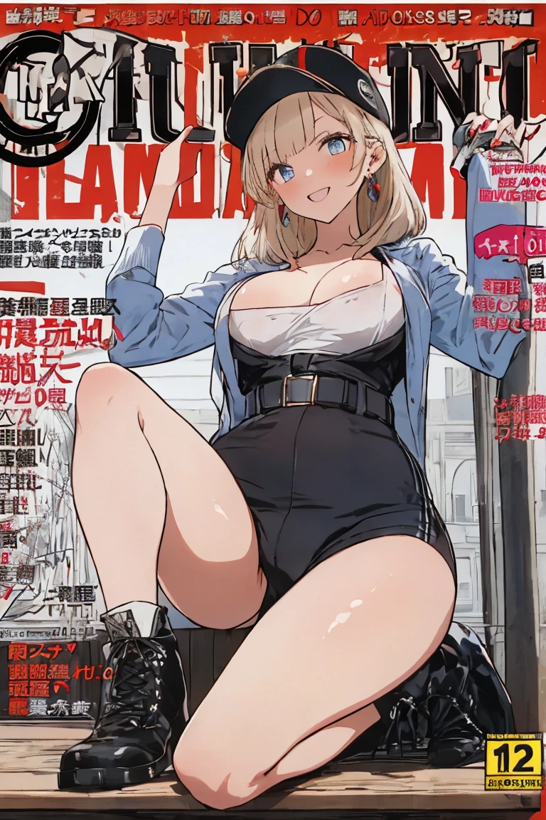 (small breasts:1.2), (perky chest:1.2), (pointed chest:1.2), (Pudding cake magazine cover:1.3),(from above:1.0),(shoot from the side:1.1),masterpiece, 1girl, Amazing Cleavage:1.1, thin waist, optimum,tmasterpiece,hight resolution,best qualtiy,hyper HD,super detailing,awardwinning,a 18yo cute girl,(The upper part of the body),anatomy correct,Beautiful Black miniskirt,garters,Gaze,Small face,bangss,holster,Beautuful Women,hands up,leg holster,Gaze,black boots,Cowboy Shot,cute face,a blond,Longhaire,Twin-tailed,Braids, Hairline,(scarlet eyes),long eyelasher,Hanging eye corners,White skin of the, ((see through camisole:1.1)), ((Sheer nipples:1.0)),Rocket Tits,(Slim body),smile,seductive weak smiling,(with sparkling eyes and a contagious smile),little open mouth, Looking at Viewer,