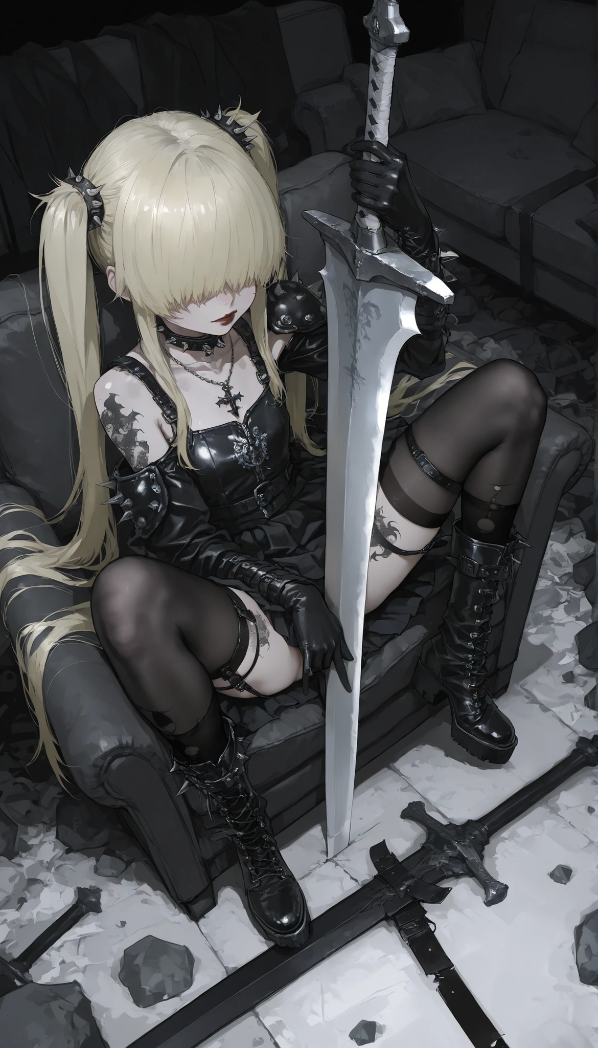 HDR-10, 8K, masterpiece, better quality, amazing quality, very aesthetic,newer,1 girl,messy room,sofa in the background ,chair,sitting upside down,Legs up,hair hanging,from above,gothic girl,dressed in a black skirt,clothes with spikes, leather,very long hair,blonde, two very long pigtails,minimalist tattoo on the thigh,black shoulder pads,heavy and large sword,guantes de leather sin dedos,offensive gesture,half ties with holes, broken socks,black tights, black heeled boots,red lips,clasp over the eyes,Hair over the eyes,collar,necklace on the thigh,slipping strap,open legs,dynamic pose,Rock,gitarra de Rock sobre el sofa, close,sword on the floor,hand covering the crotch