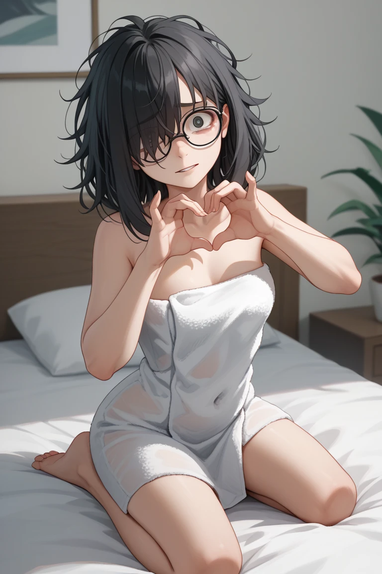 nsfw,((perfect anatomy:1.3,realistic:1.3,RAW Photography:1.3,masterpiece、highest quality、Ultra - High resolution、High resolution、Highly detailed CG、8K)),cowboy shot,1 female,solo,18 year old beauty, Japanese high school student、((beautiful detailed face and eyes:1.2,big gorgeous eyes:1.2,black rimmed glasses:1.2))、black hair,short bob hair,(center parted hair:1.4,forehead),medium breasts,slender body,small head:1.3,skinny,(oily skin,gleaming skin,shiny skin,sweat:1.5),((naked,bara naked,nipples,vagina,))、((love juice:1.7))),lying,on back,spread legs:1.5,arms up,simple bed、simple hospital room、