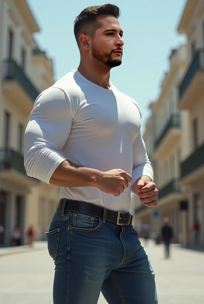 Handsome Indian pehlwan muscular hunk in tight denim sweat shirt with joggers with huge bulge wetty spoton bulge, doing shopping and drinking coffee from tumblr in shopping mall, head to thigh view