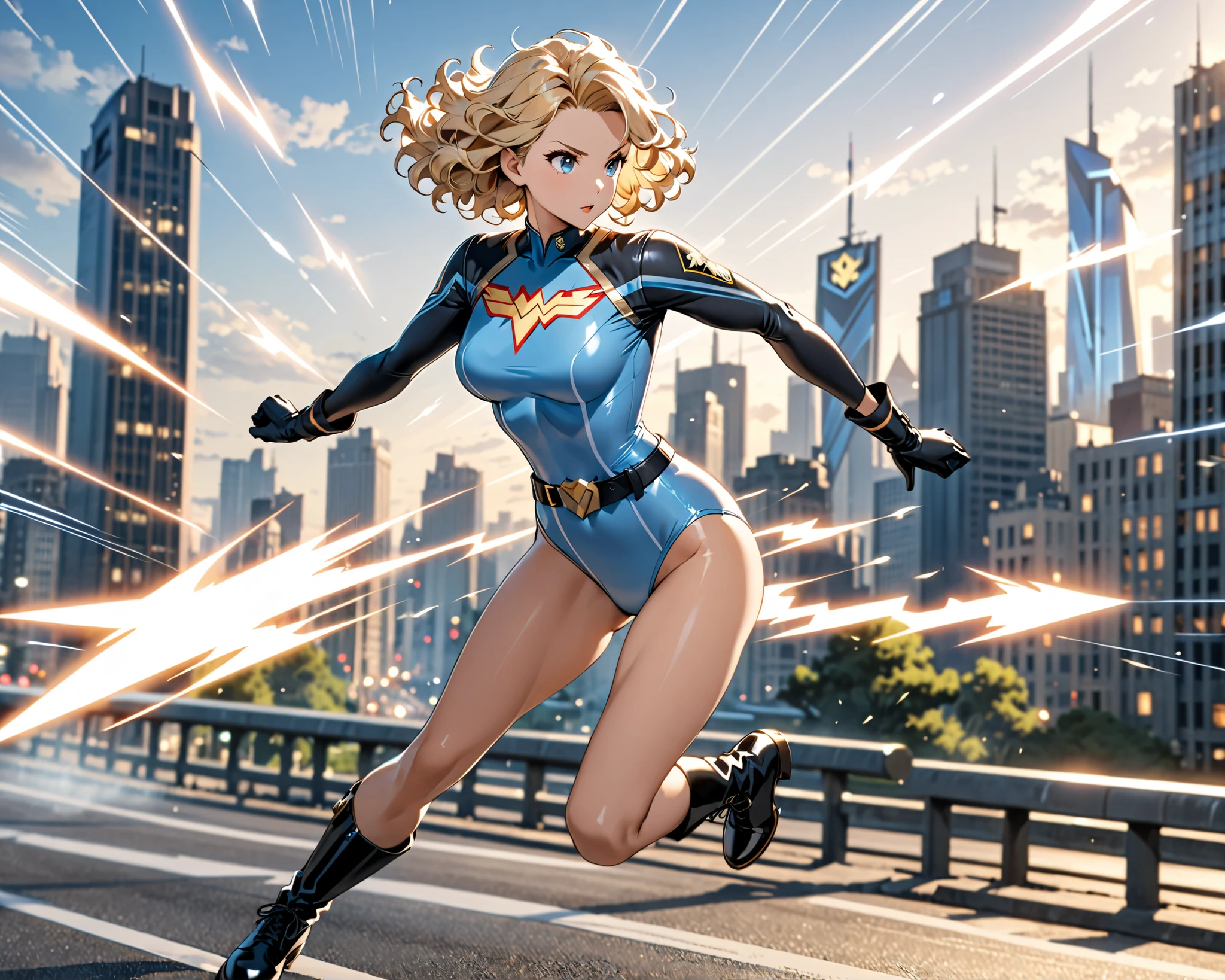 1girl, medium breasts, ((leotard, highleg leotard, light blue leotard)), (lighting bolt emblem on chest), bare legs, ((belt, tight belt)), boots, matching boots, gloves, city backdrop, solo, single, standing, full body shot, cowboy shot, superhero, beautiful detailed eyes, power, ((blonde hair, short hair, wavy hair)), high school backdrop, outdoors, mature lady, teacher, spins fast in place like a tornado, wind swirls, rapid gyration, girl tornado spinning, girl turning to a whirlwind, outstretched arms, perfect body, good proportions, ((only five fingers)), (curved sword slash)