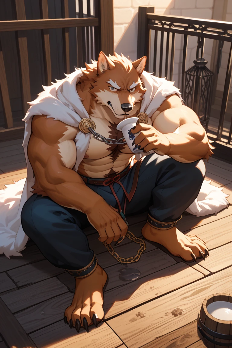 (solo),(best quality), (photorealistic:1.2), (masterpiece:1.3), (realistic detail:1.2), highest quality, ultra detailed, 8k, RAW photo, (mature male wolf:1.3), (general),(defeated),(damaged body),(extreme detail:1.3), (gray fur:1.2), facial hair, long hair, white braided hair, (blood:1,6),(elderly:1.2), (emaciated:1.3), nude, (muscular:1.3), (battered body:1.4), bleeding, (heavily scarred:1.4), shackled, (chained:1.4),(chains wrapped around his arms and main body ), (dungeon:1.3), (torture:1.3), (extreme pain:1.5), (semiconscious:1.3), (knives piercing into his chest:1.3), (weak:1.4), (suffering:1.5), (dim lighting:1.2),(dying:1.9)
