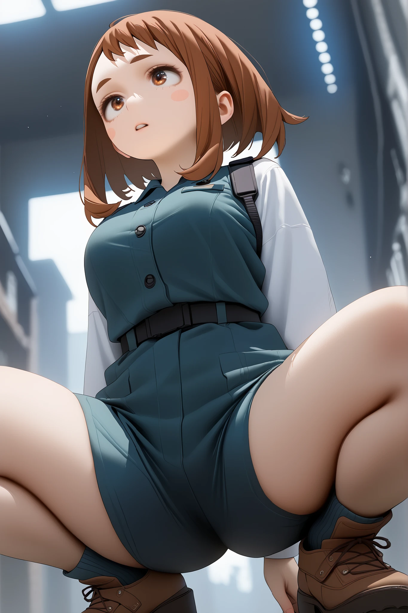 Hiroaka wearing a futuristic futuristic combat uniform。emphasizes her huge buttocks and thighs in a crouching pose。composition looking up at her buttocks from a low angle point of view from directly below。her cleavage is deep,、turn around shyly and look at this。ultra-high image quality of processing、The texture of her skin is real and delicate。NSFW、sensual、perfect lighting Ochako uraraka ochako