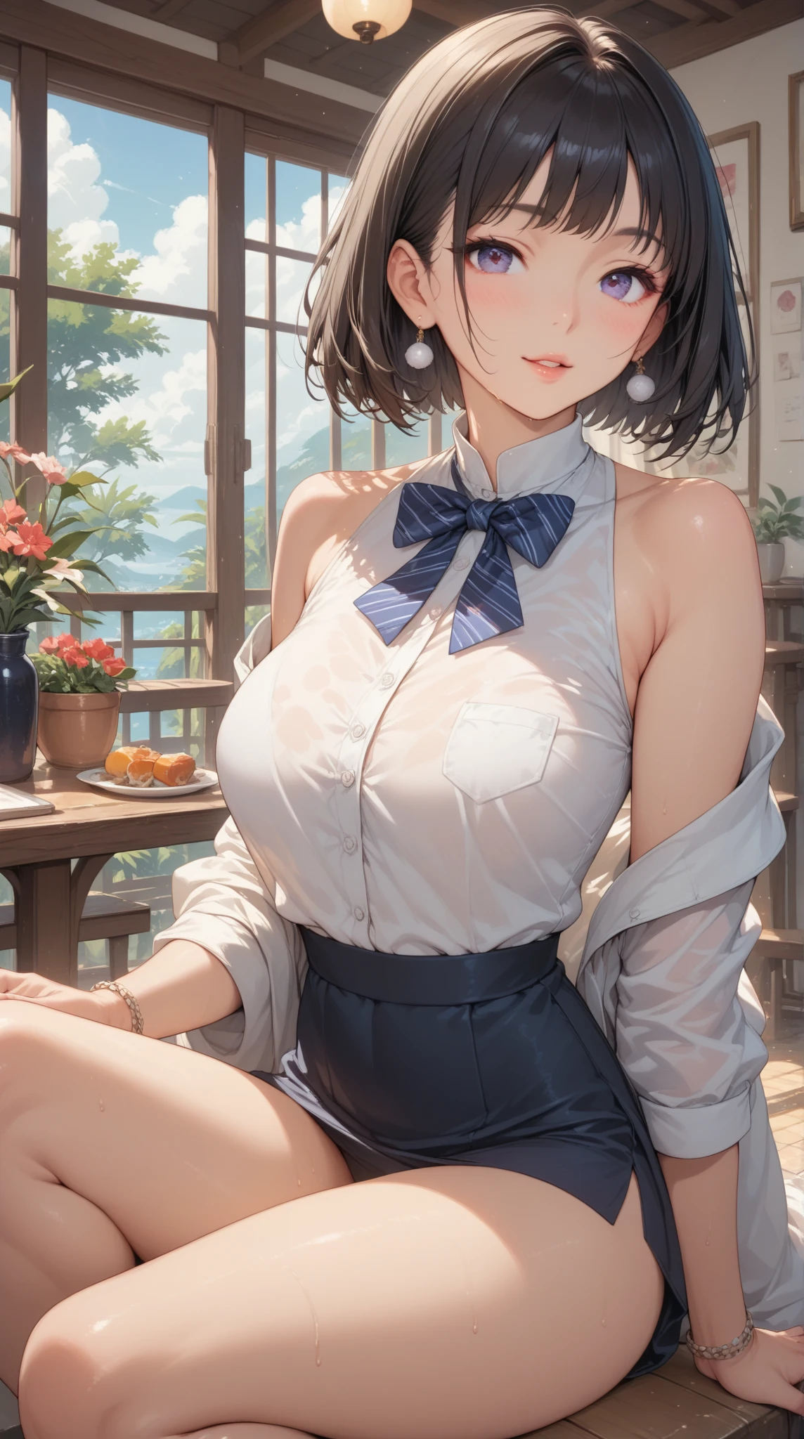 watercolor、Detailed Background,((shabby, Dark hut)),(masterpiece, Highest quality),Highest quality, Amazing details, Anatomically correct, Line art, Written boundary depth,Flat Shading,Bokeh,(Black Hair、Sharp short bob),(Thighs),(Huge breasts)、Red cheeks、Embarrassing、hesitation、(Skirt flip)、((White panties))、Plump Style, (School short-sleeved sailor uniform)、Full body wet、White socks　Browsing Caution、silhouette:0.8