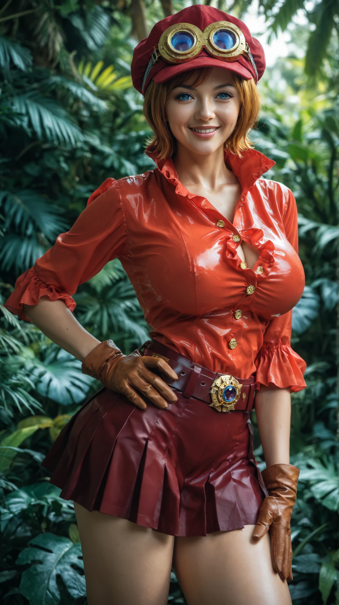 KoalaOP, 1girl, solo, orange hair, short hair, swept bangs, red newsboy cap with gold goggles, goggles on headwear, blue eyes, seductive lips, large breasts, red long-sleeved blouse with gold buttons and high collar, short red pleated skirt, dark belt, brown gloves, brown high boots, mature and curvy body, perfect anatomy, teasing expression, soft smile, jungle or marine background, natural lighting, cinematic shadows, masterpiece, best quality, ultra-detailed, very aesthetic, vibrant colors, glowing, 2d, perfect face, detailed eyes, smooth skin, anime-style, highres, 4k, absurdres, asian, cute, beautiful, (23 years old)