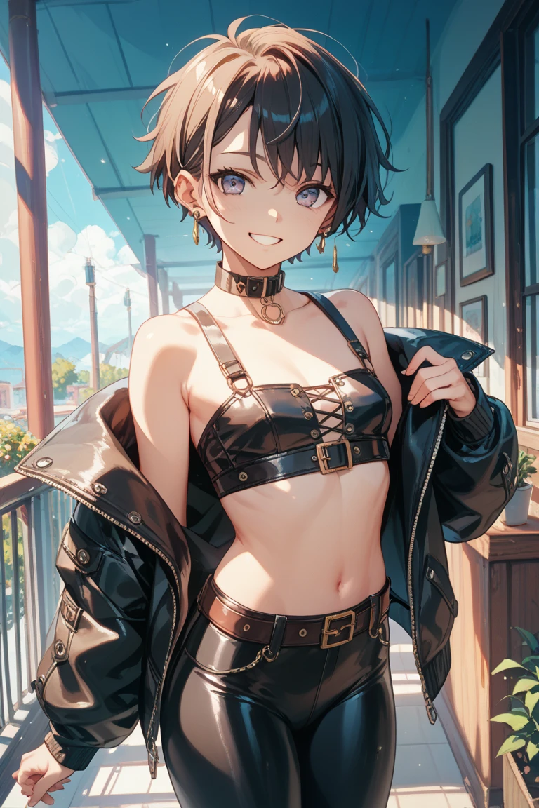 Shy woman blushing、She wears a black bikini with a black ribbon over her breast.、She is wearing a see-through cardigan、She is wearing navy blue denim hot pants、This is the rooftop of a building in Tokyo late at night.、She has brown, short lob hair.、She has small breasts、Her breasts are slightly fuller、Her breasts are a B cup、Her breasts are slightly swollen