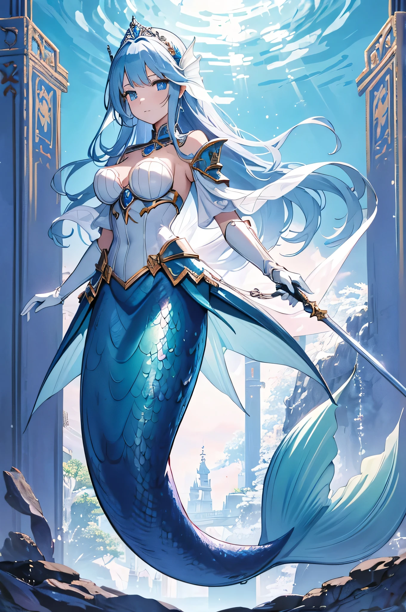 masterpiece, best quality, 1woman, adult, female focus, solo, long light blue hair, vibrant green eyes, looking at viewer, High quality metal texture, closed mouth, bangs, high collar,(kbxll:0.6), Fantasy aesthetics, Highly detailed, shadowverse style, harp with water elemental power, elf ear, white dress