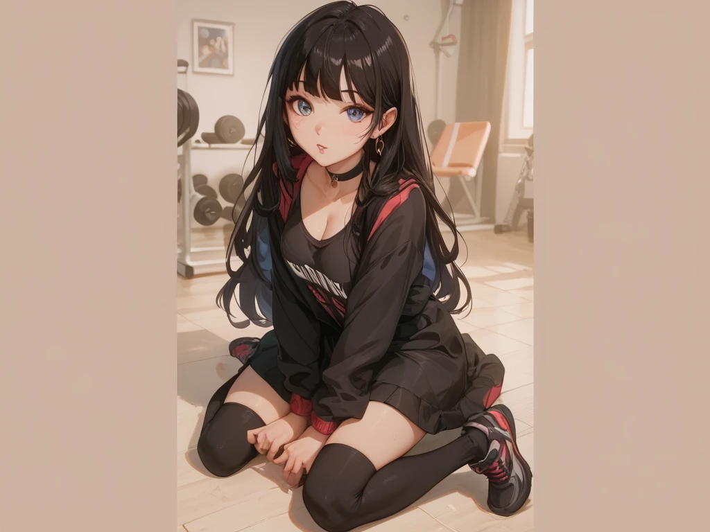 体育倉庫室で青い長袖tracksuit in schoolを脱ぐExhibitionismの女, blush, ((Exhibitionism))
