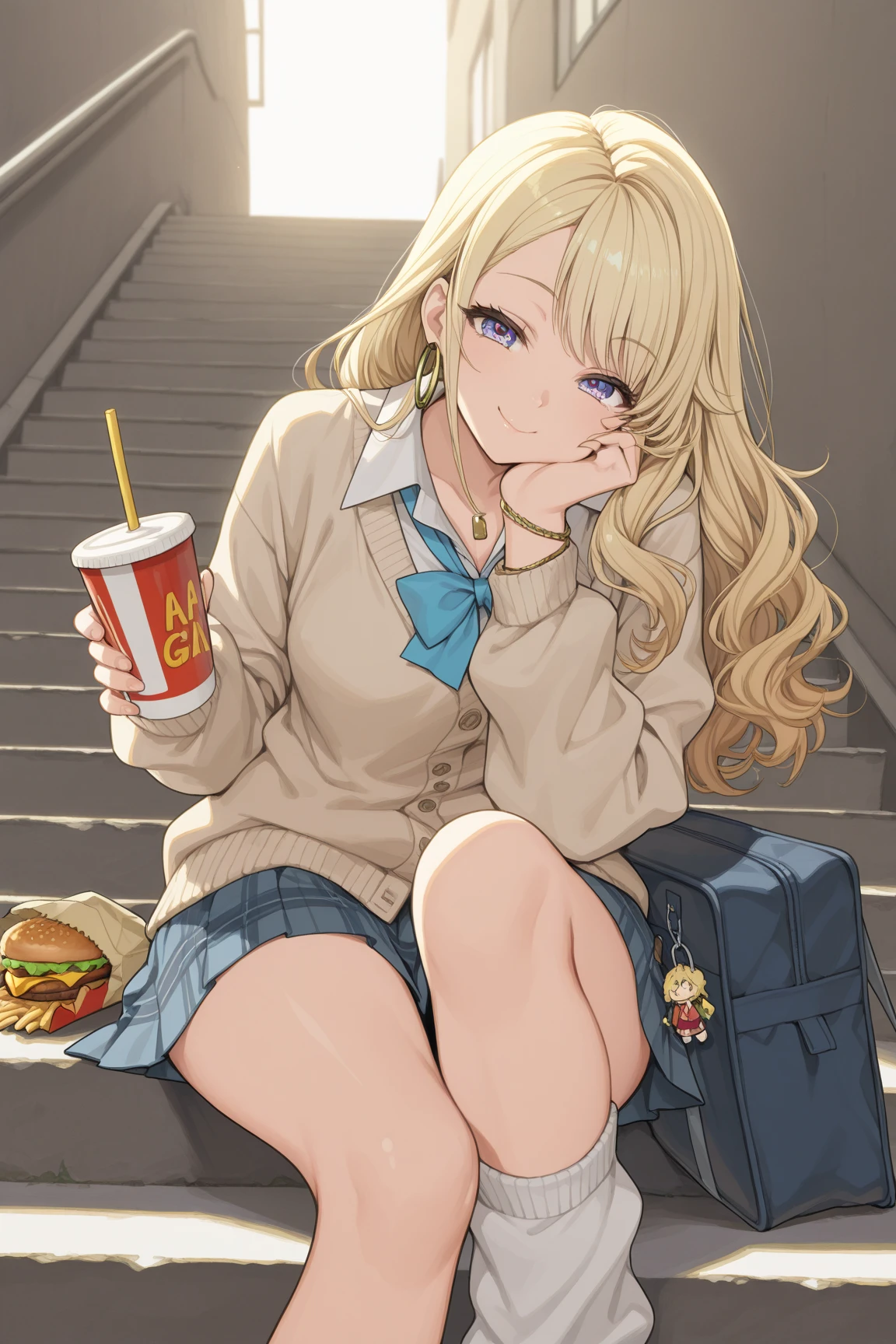 masterpiece, best quality, ultra high resolution, highly detailed, anime-style, soft afternoon lighting, casual school setting,  
Reina, a tall and fashionable gal with long wavy blonde hair and deep violet eyes, slender and stylish build,  
wearing a Heisei-era gal school uniform – oversized white shirt, plaid mini skirt, white loose socks, loafers, beige cardigan tied around her waist, hoop earrings and bracelets,  
sitting relaxed on outdoor school stairs with one leg bent and the other stretched out, holding a large hamburger with both hands, mid-bite,  
expression: cheerful and natural smile with cheeks slightly puffed, eyes soft and amused as she looks toward the viewer,  
lighting: warm backlight from the setting sun, light breeze lifting her hair, shadows falling softly on the steps,  
background: concrete stairway outside a school building, paper drink cup and fries beside her, schoolbag nearby, peaceful atmosphere,  
tags: Reina, gyaru school uniform, hamburger, eating pose, sitting on stairs, after school, casual charm, anime-style lunch
