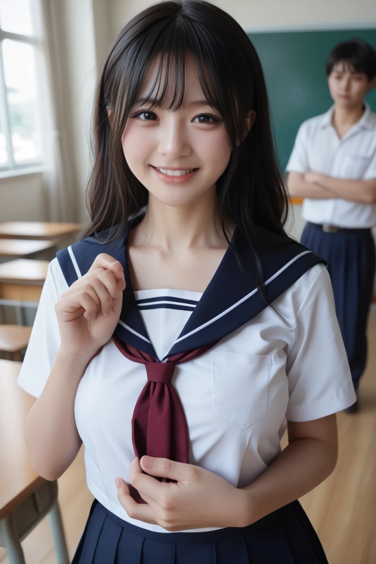 super highest quality, Japanese, real、open your mouth and laugh, small face、Mr.々hairstyle, girl, 17 years old, whole body, many students in the background、high school,sailor suit、navy blue skirt, daytime, In the classroom, During class、she sits next to me、The desk is facing the blackboard.、Taken from the seat next to me、Face down、Notebook and pencil case on the desk、 cute, beauty, big breasts、