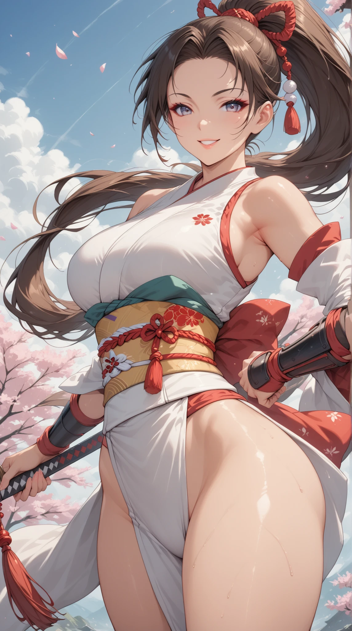 Mai Shiranui: bug busty big breasts "Mai Shiranui wears a short and revealing traditional Japanese kimono, acentuado con patrones de flores y colores vibrantes. El atuendo tiene una falda corta y suelta que muestra sus piernas mientras se mueve con agilidad. En el campo de batalla Completando su mirada, Mai also wears a combat belt around her waist where she usually keeps her kunai and other weaponry.