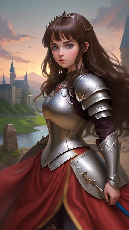 A medieval warrior, medieval armor, woman, castle in the background, brown hair, elf