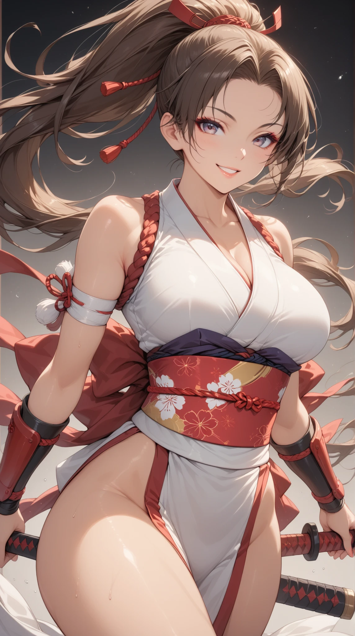 ((Best quality, 8K, Ultra-detailed, Masterpiece: 1.3)), 3 girl, Shiny skin, Sharp, Perfect body beauty, realistic shadow perfect body,("Japanese shrine maiden outfit,Flowing":1.2),Big_Breasts ,Young girl, short girl,upper legs , indoors, White background,cleavage, standing arms down, M legs， your ass, ("Dark Brown long hair, ahoge, dark purple eyes ,Sideswept parted hair":1.5), portrait shot,(" no background":2)