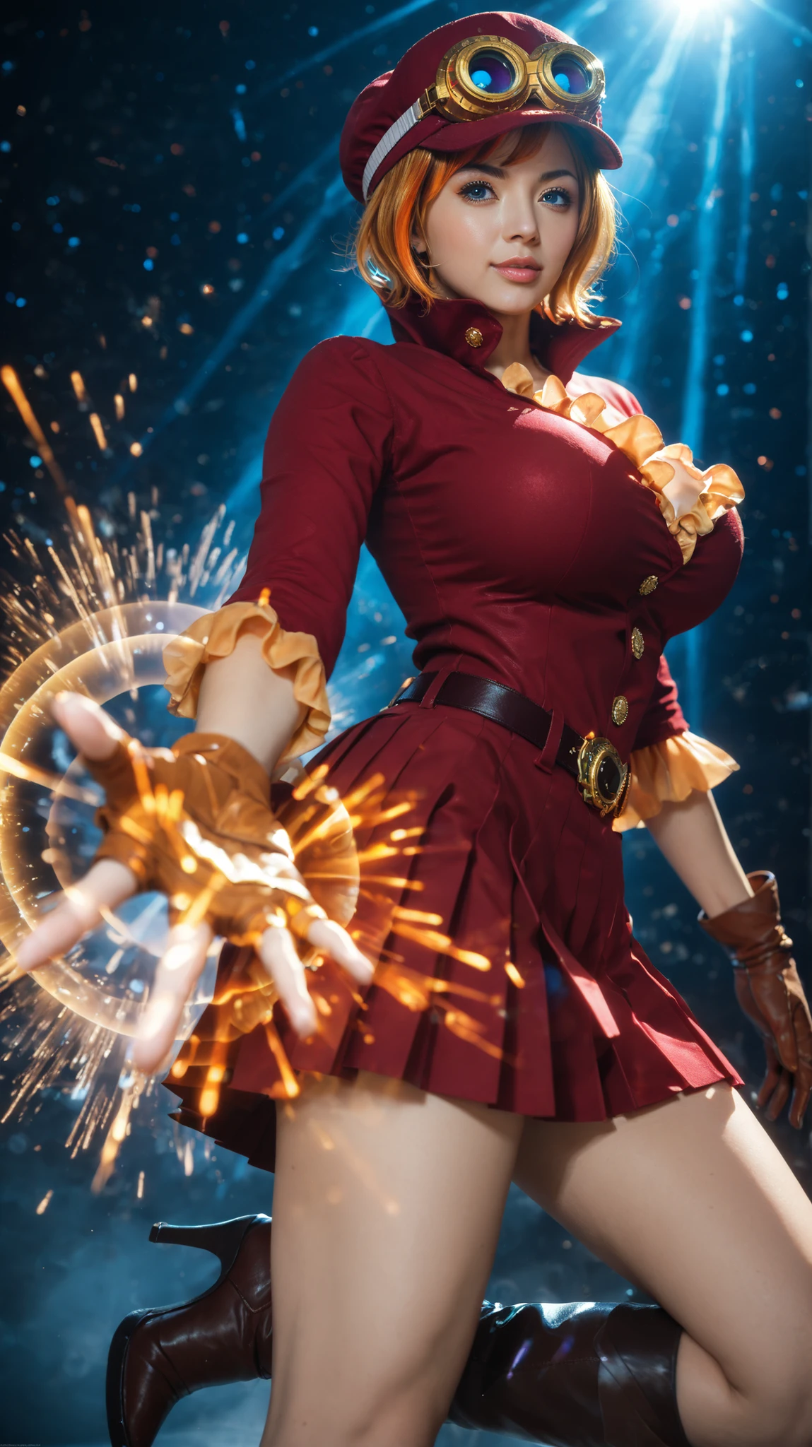 KoalaOP, 1girl, solo, orange hair, short hair, swept bangs, red newsboy cap with gold goggles, goggles on headwear, blue eyes, seductive lips, large breasts, red long-sleeved blouse with gold buttons and high collar, short red pleated skirt, dark belt, brown gloves, brown high boots, mature and curvy body, dynamic pose with one hand raised as if using a special power, intense expression, glowing energy lines around her raised hand, swirling wind effects, magical particles, action aura, dramatic lighting from below, completely black background for maximum contrast, glowing outlines, cinematic shadows, masterpiece, best quality, ultra-detailed, anime-style, highres, 4k, absurdres, perfect anatomy, vibrant highlights, 2d, beautiful eyes, glowing effects, asian, cute, beautiful, (23 years old)