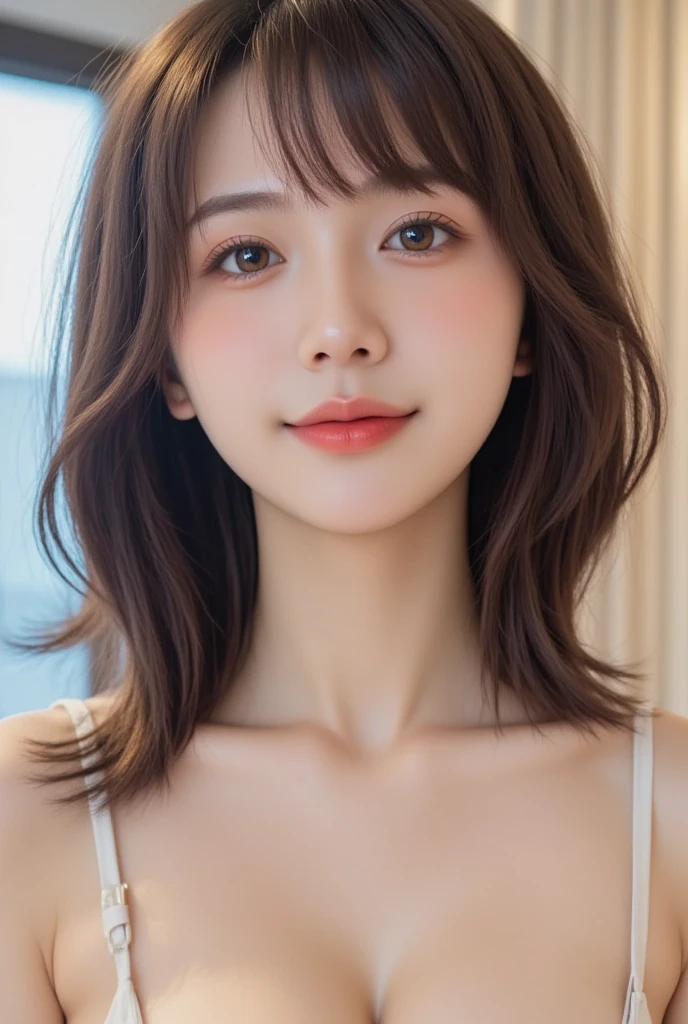 (masterpiece:1.3), (8k, Realistic, RAW Photos, Best image quality: 1.4), Girl、(Random Hairstyles:1.2)、Highly detailed face、Attention to detail、double eyelid、Sharp focus:1.2、Beautiful woman:1.4、Light brown hair、Highest quality、masterpiece、Ultra-high resolution、(Realistic:1.4)、Highly detailed and professional lighting、Brown Knight、thin、smile、Long black hair、Deadly position、Beautiful Skin、Random Pause、Shiny Hair、Sculpture model pose、White swimsuit、valley