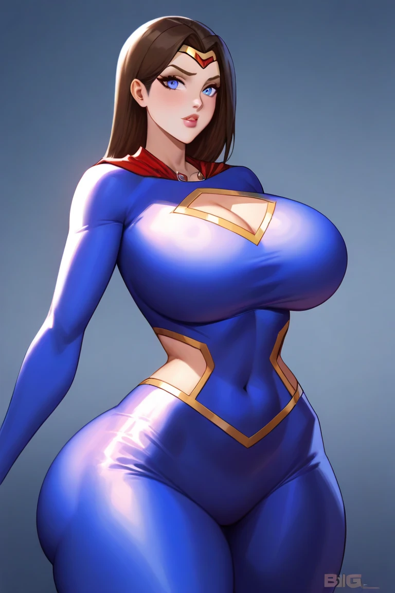 1girl, (superheroine, giantess), cool and mature, defiant, long hair, earring, (bodysuit, spandex), (blue orange white, costume), in town, (tower sized woman)++, dynamic pose, dynamic angle, (large breast)+, (skinny leg)+, long leg, thighhighs, bare legs, landscape, cityscape, in between skyscrapers, (Best quality), ((masterpiece)), (perfect female proportions)