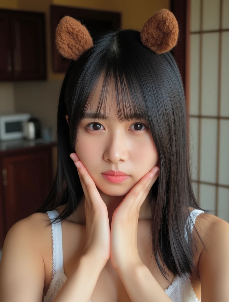 (((upper body shot))),((((Nude)))),(((nipples))),(((sagging breasts))),Ultra-high resolution,big eyes,Japanese,(a girl),(1 girl),pretty,grin,((arms behind back))