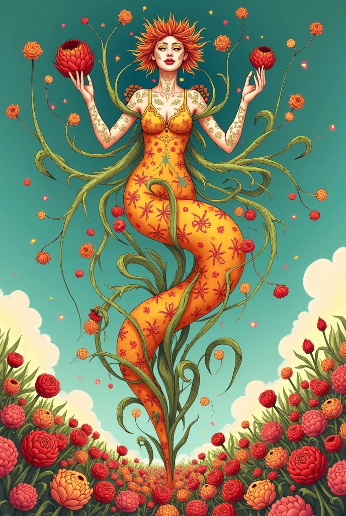 Close-up of a woman wearing a flower crown，Perfect body structure，There are green leaves and flower crowns on the hair, The beautiful body is wrapped in patterns，There are also green vines and flowers，The body has light and dark shadows，The background is colorful，Geometry constitutes a decorative pattern，romanticism lain，art nouveau illustration, venus goddess, mucha style 4k,  Art Nouveau masterpiece, Fresh Art Nouveau, anime art nouveau, persephone in spring,