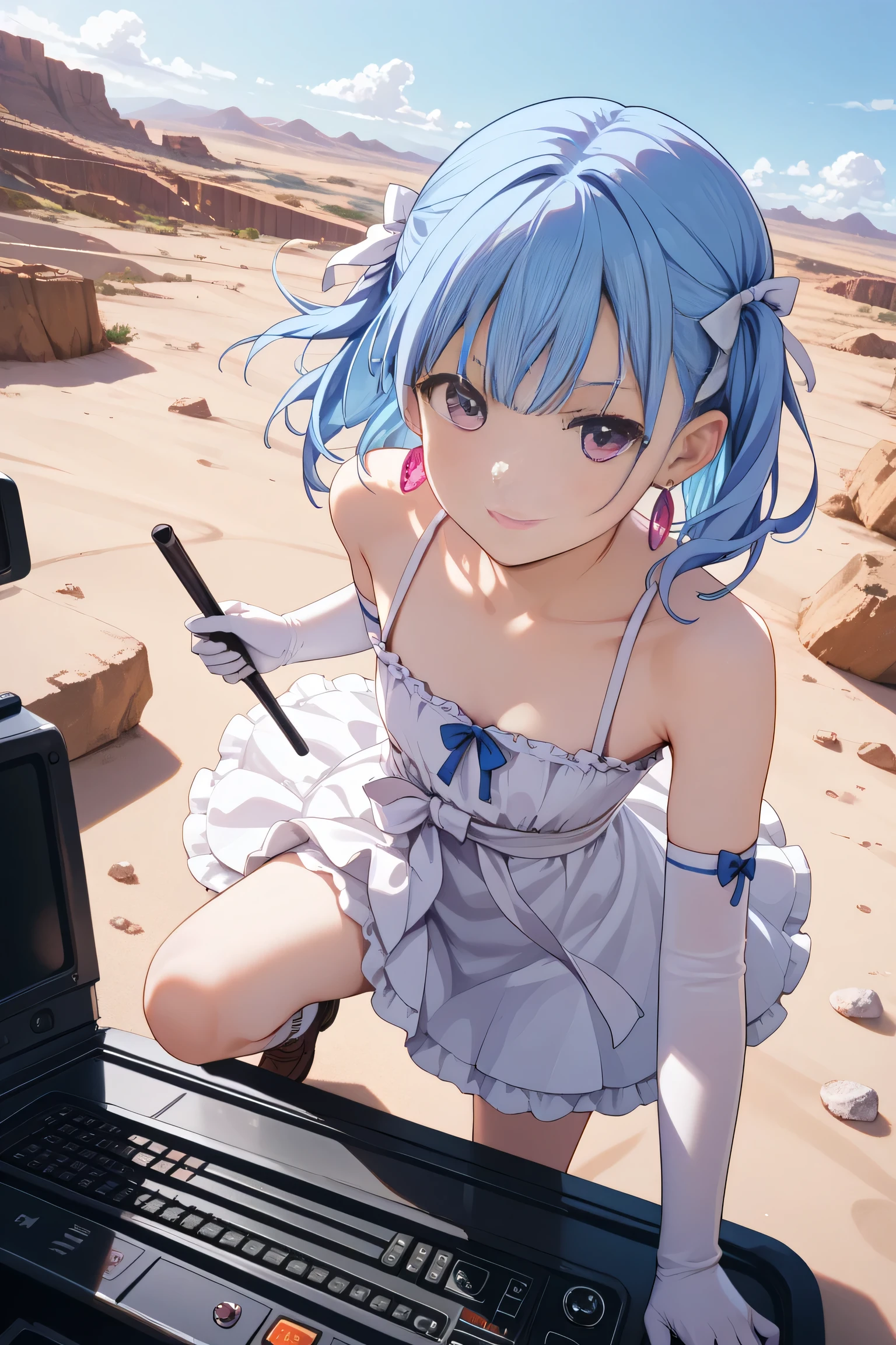One female rider, very small chest, cockpit, riding pose, holding both control sticks, legs stretched out behind, on all fours, over a desolate desert, point of view close to touching the subject, artistic, reality, from above, Kotona Elegance, Zoids, blue hair, dress, white knee socks, elbow gloves, earrings, large white ribbon on waist