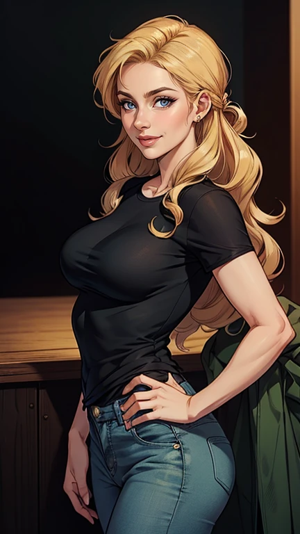 mulher de 35 anos, very long blonde hair down to the waist and half curly with bangs, seios pequenos, olhos grandes com um brilho apaixonado, olhos verdes mel, Um lindo sorriso, wearing a long black t-shirt with a green feminine suit and jeans, in a serious and sweet comic-style pose, alta qualidade