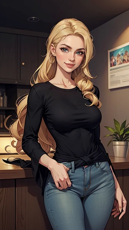 Personagem feminina Imagem de desenho animado de uma mulher .Ilustra??o estilo desenho animado, estilo de arte dos desenhos animados, estilo de arte dos desenhos animados, digital illustration style, design de personagens altamente detalhado, arte digital detalhada coragem, Forest fan art, Design de personagens de retrato, beautiful digital illustration, retrato de alta qualidade, Arte em quadrinhos, mulher jovem cabelo com transas lindas . Beautiful lined eyes Medium large bust and wonderful sexy clothes. image expression of sexual desire from the waist to the illustration 35 year old woman, very long blonde hair down to the waist and half curly with bangs, seios pequenos, olhos grandes com um brilho apaixonado, olhos verdes mel, Um lindo sorriso, wearing a long black t-shirt with a green feminine suit and jeans, in a serious and sweet comic-style pose, alta qualidadegl