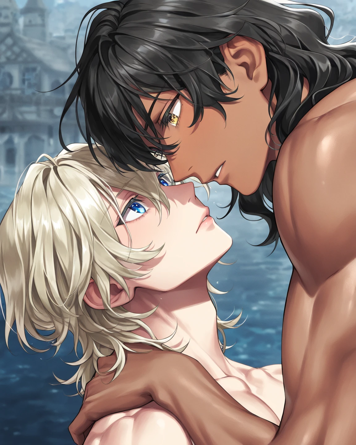 absurdres, highres, ultra detailed, HDR, master piece, best quality, Quincy, blonde hair, closed eyes, Nu Carnival, Gojou Satoru, white hair, closed eyes, white eyelashes, two sexy men kissing, yaoi, gay couple, handsome, black hat, fantasy black pirate clothes, pirate, marine, accessories, showing the chest, beach, sea, petals, flowers, ship