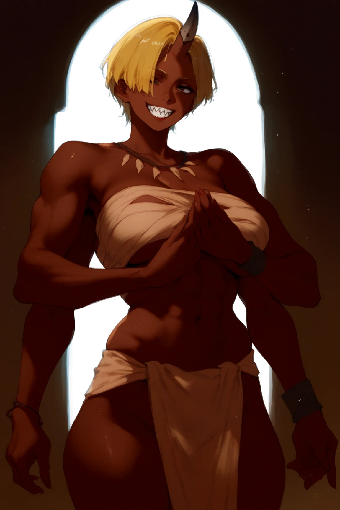 Solo, female, pink turtleneck tunic, cloak, fantasy outfit, fantasy village, short hair, wavy hair, messy hair, ((dark tan skin)), glasses, cleric, cropped jacket, athletic, slightmuscle, slightly muscular, pants, abs, wide abdomen