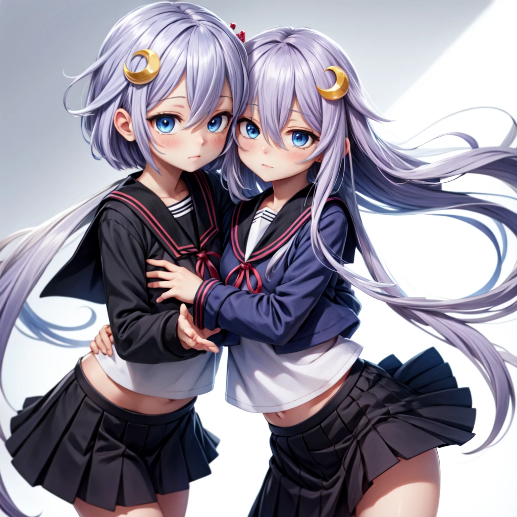  Masterpiece, best quality, ultra high quality, highres, wallpaper 8k, ,1girl, duo, Two women, Two women standing, Two women face to face, purple_hair,purple_eyes,very_long_hair,grey_hair,braided_ponytail,large_breasts,gradient_hair, Shorts,