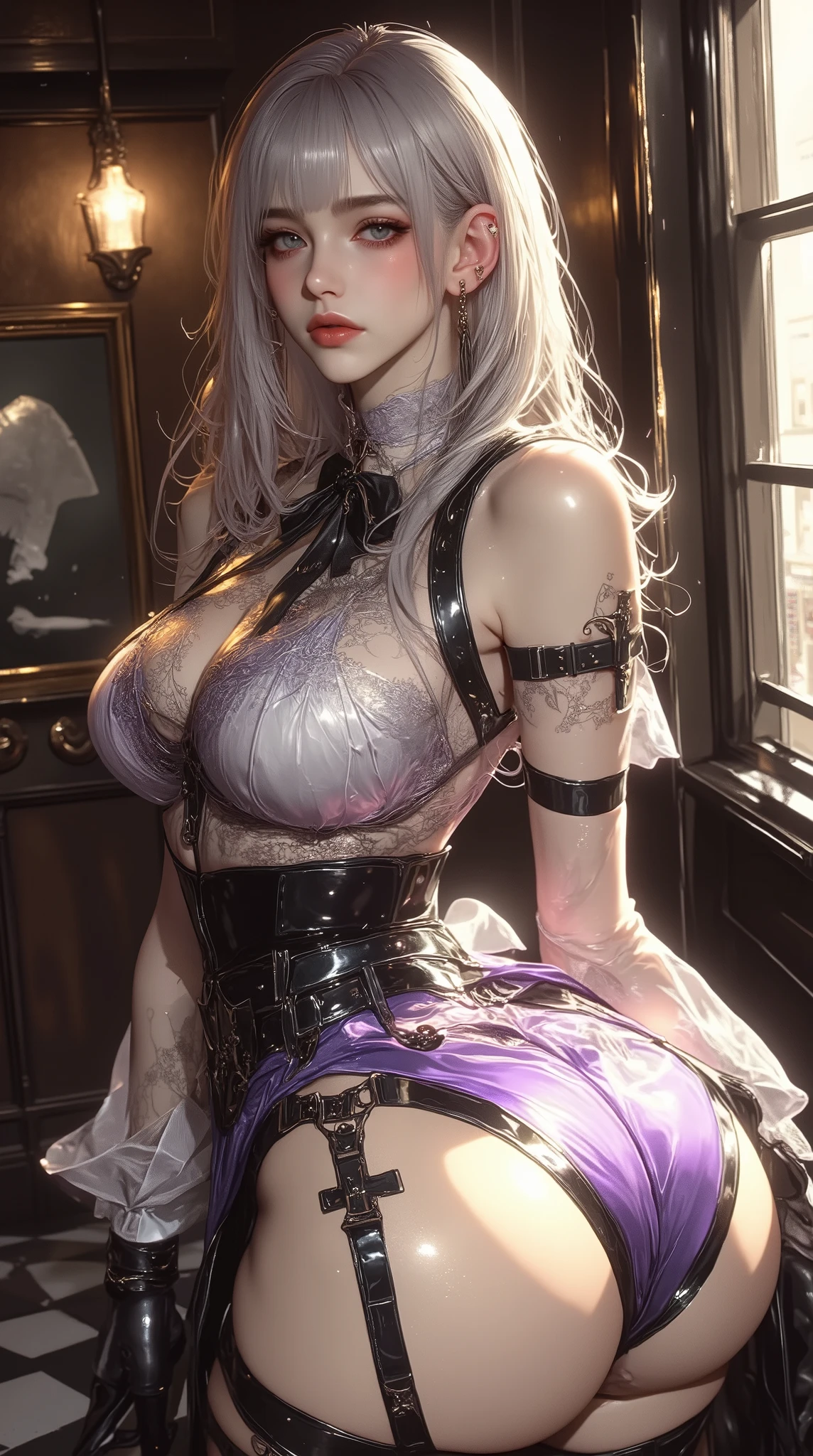 Women, early 20s, short silky pink hair with yellow tips, gold armlet, gold bracelet, golden eyes, seductive look, golden hair pinns, golden key necklace, big breast, Inc black tattoo, golden thighlet, black thigh highs, shiny skin, side boob, underboob, arm tattoo, belly tattoo, qos, queen of spades, spades tattoo, maid outfit.