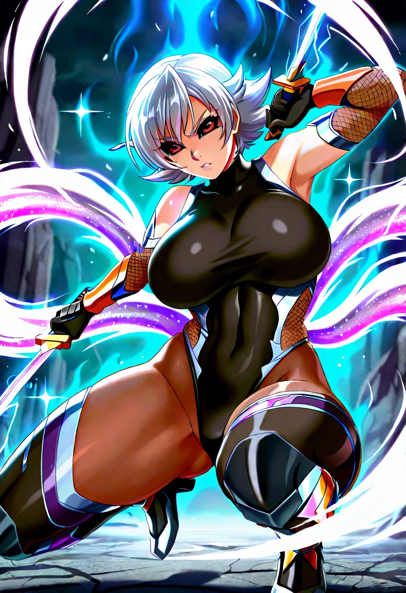 Sexy asian woman, silver hair, stringy body suit, sexy, thong, big butt, gold weapon, waifu, trading card, trading crad style art