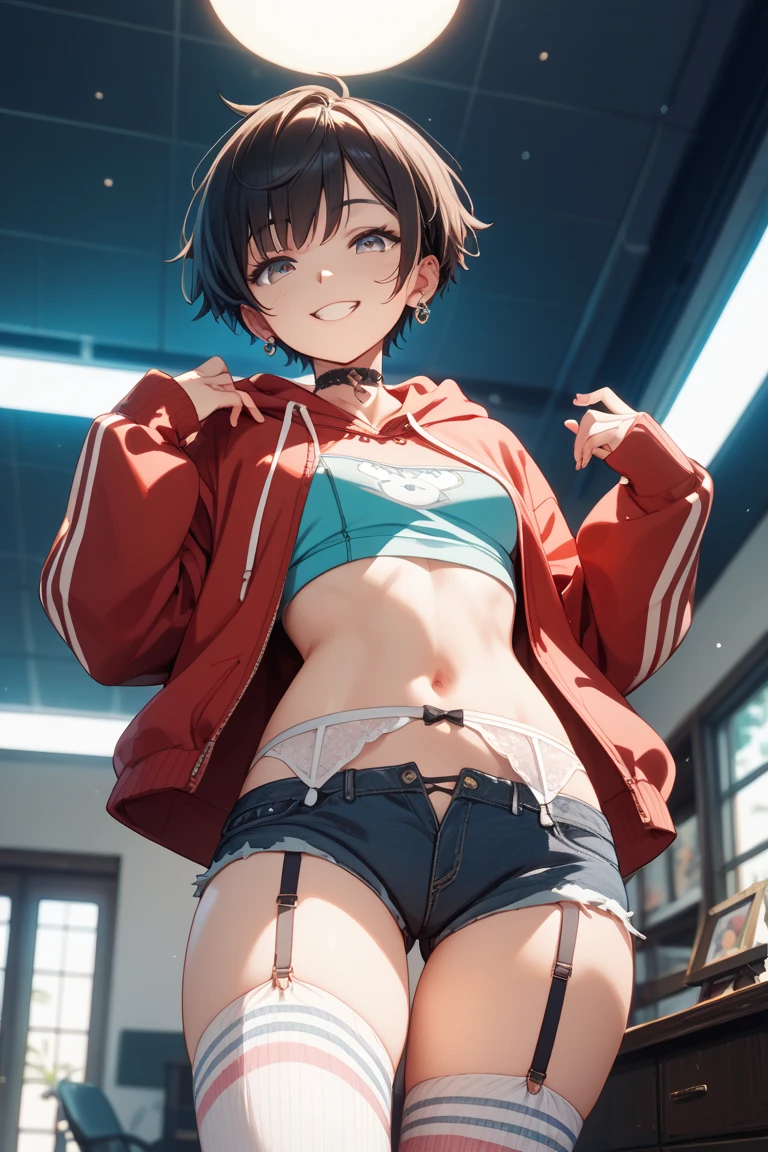 (8k, RAW Photos, Highest quality, masterpiece: 1.2), masterpiece, Super Detail,Best lighting, (Realistic and photorealistic photography: 1.4), High-resolution RAW color photos, Highly detailed mouth,1 young cute girl, (undressing:1.3), Exposing the abdomen,Background Blur, blush, Depth of written boundary, Hair between the eyes,short hair,(red inner hair with yellow hairpin),red eyes,(Oily skin:1.1),((whole body)), Embarrassed,covering breasts,(fake smile:1.2),Black Hair,in the messy bedroom,glitter skin,short,young,,medium breasts,afraid,stripe lingerie,lift bra,super lowrise thong,public hair