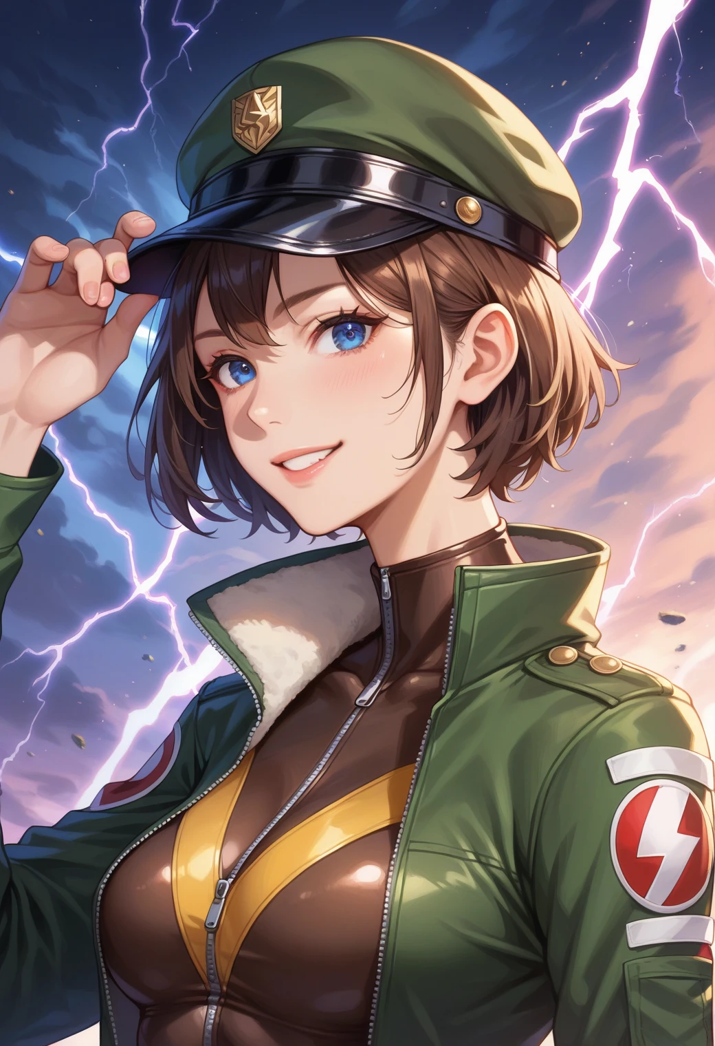 1girl, brown hair, short hair, green eyes, smile, blush, chest tattoo,police hat,police uniform, cleavage, looking at viewer, half body, sky scenery, clouds, sunshine, horizon, dramatic lighting, soft shadow, masterpiece, best quality, safe, SFW, very aesthetic, recent, absurdres, highres, lightning, glowing,