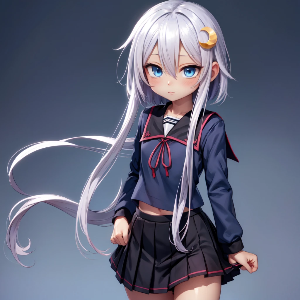 Superb and masterpiece, high resolution, best quality, UHD, super detail, award-winning, 16k, (upper body), a beautiful girl, gray hair, hair strands, ((heterochromia)), hanging eye corners, fair skin, (small breasts), (slender body), ((sailor skirt))), (neck ring)