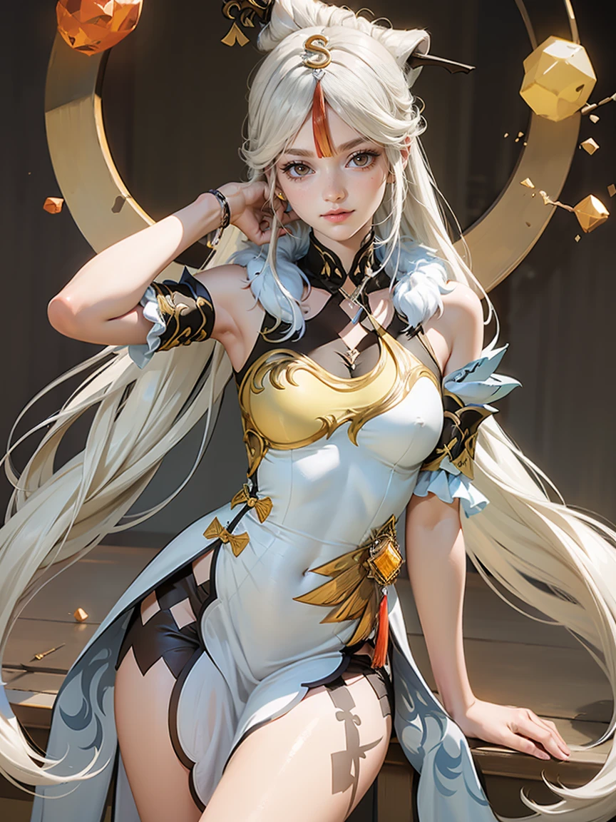 Zelda, showlder hair, white hair, armpit, short dress, yellow eyes, Big legs.