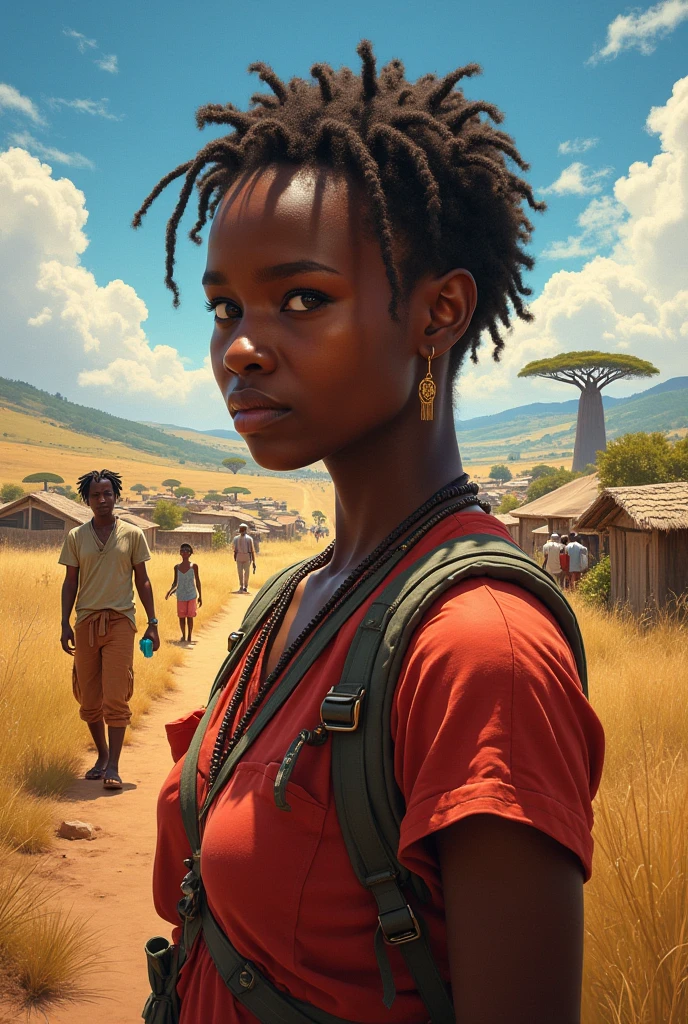an african girl Jumoke and the mysterious stranger walk along with Africa boy a winding path in Africa village