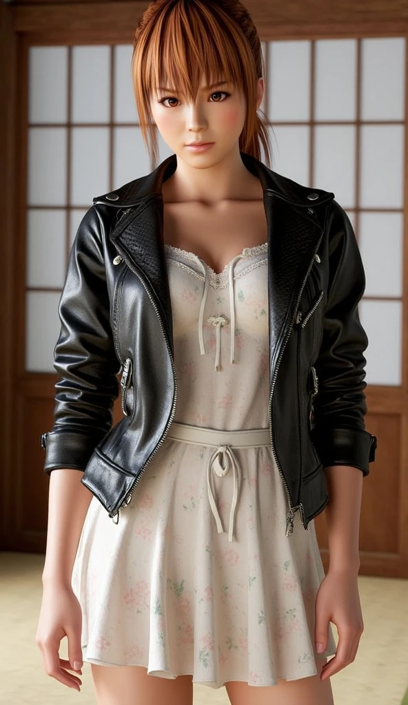Kasumi model (Dead or Alive 6), Obra-prima, high resolution, Ultra HD, Modelo HD, Tall details, wearing short black leather jacket with rolled up sleeves with white loose flowing short floral dress with neckline and lace on the edges, wearing black ankle boots with brown soles and white laces and short white socks. she is in a dojo. full body. showing legs. well-defined legs .
