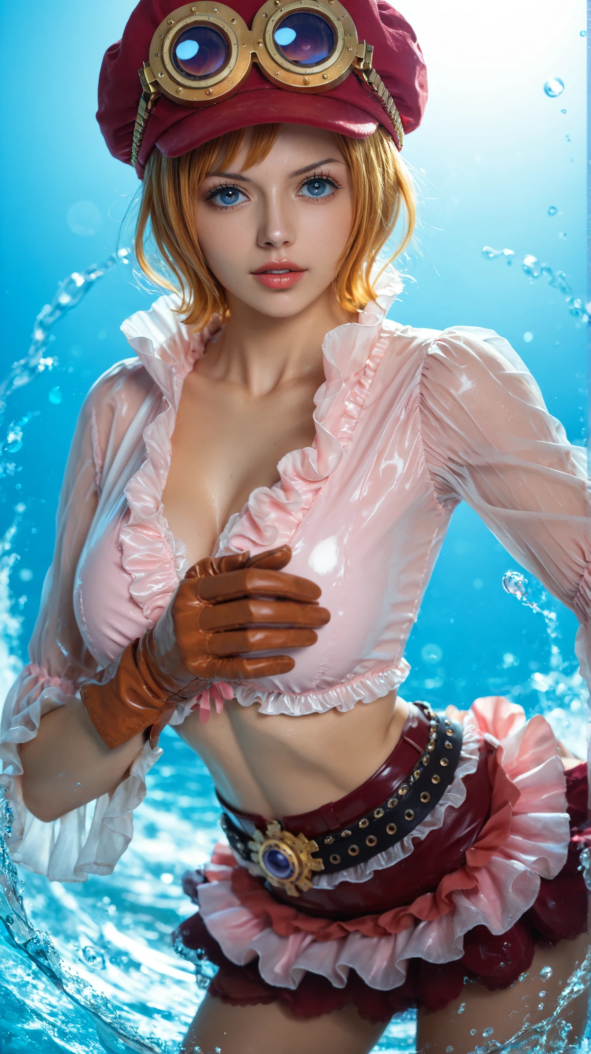 Koala from One Piece, 1girl, solo, orange short hair with swept bangs, blue expressive eyes, red steampunk cap with gold goggles, frilled pink blouse, brown leather gloves, red mini skirt with decorative trim, black belt with gold buckle, medium shot, dramatic combat pose with open palm forward, intense and focused facial expression, parted lips, dynamic swirling water effects surrounding her, anime action scene, detailed splashes, cinematic lighting, high gloss reflections, vibrant colors, ultra-detailed, masterpiece, anime illustration, sharp linework, beautiful glowing eyes, smooth skin, clean background, highres, colorful, best quality, 4k, stunning rendering, asian, cute, beautiful, (23 years old)